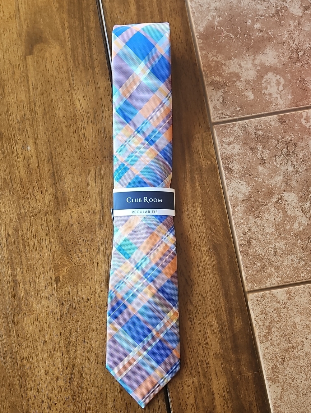 Club Room Plaid Tie in Blue, Orange, and Light Blue